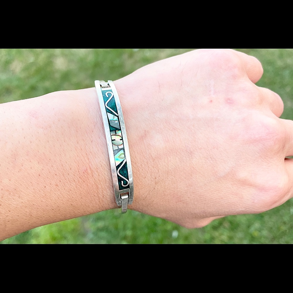 Taxco Silver and Abalone vintage hinge bracelet